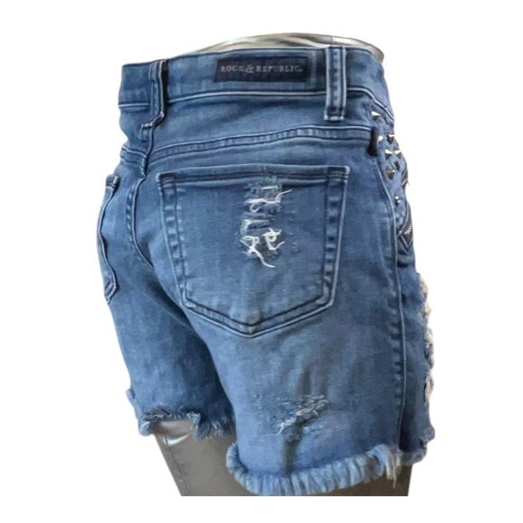 Rock & Republic Jean Shorts Women 4 Blue Mid Rise Distressed Stretch  (Sz4 W28) - Picture 6 of 16